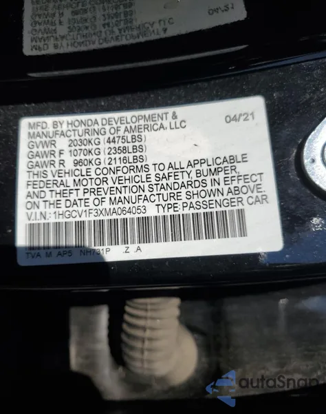 2021 Honda Accord Sport из США, поврежденный, VIN 1HGCV1F3XMA064053